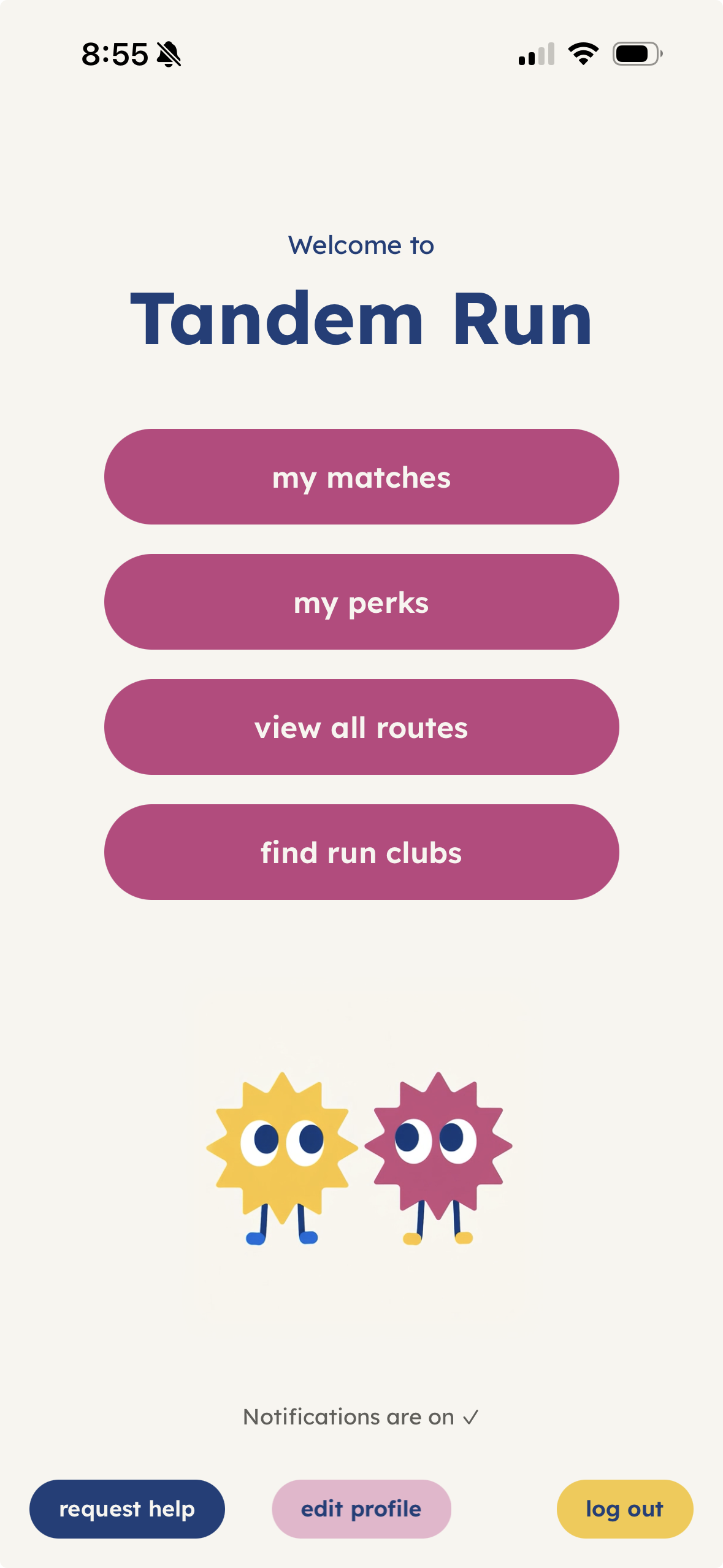 Tandem Run app screen showing your profile, matches, and meet-up details.