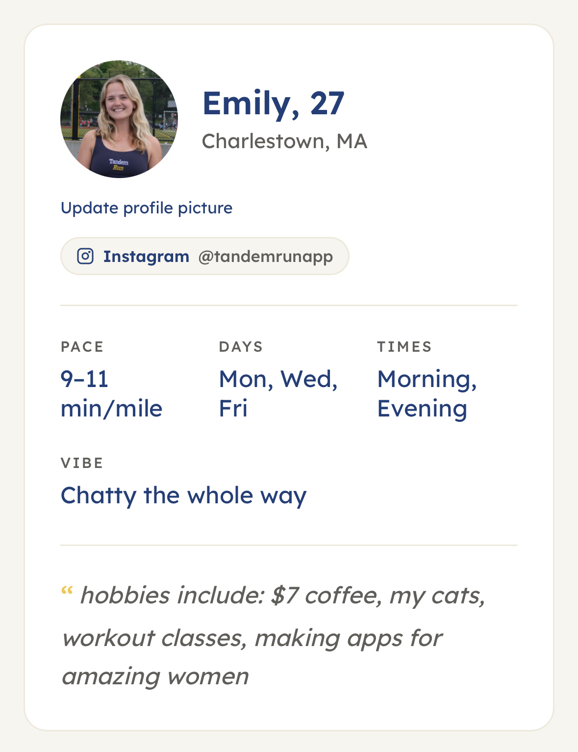 Tandem Run profile screen showing pace, schedule, and neighborhood preferences.